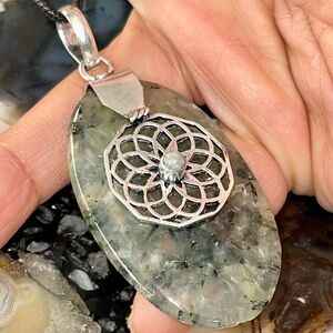 Large Yellow Green Prehnite & Larimar Pendant 2 7/8”